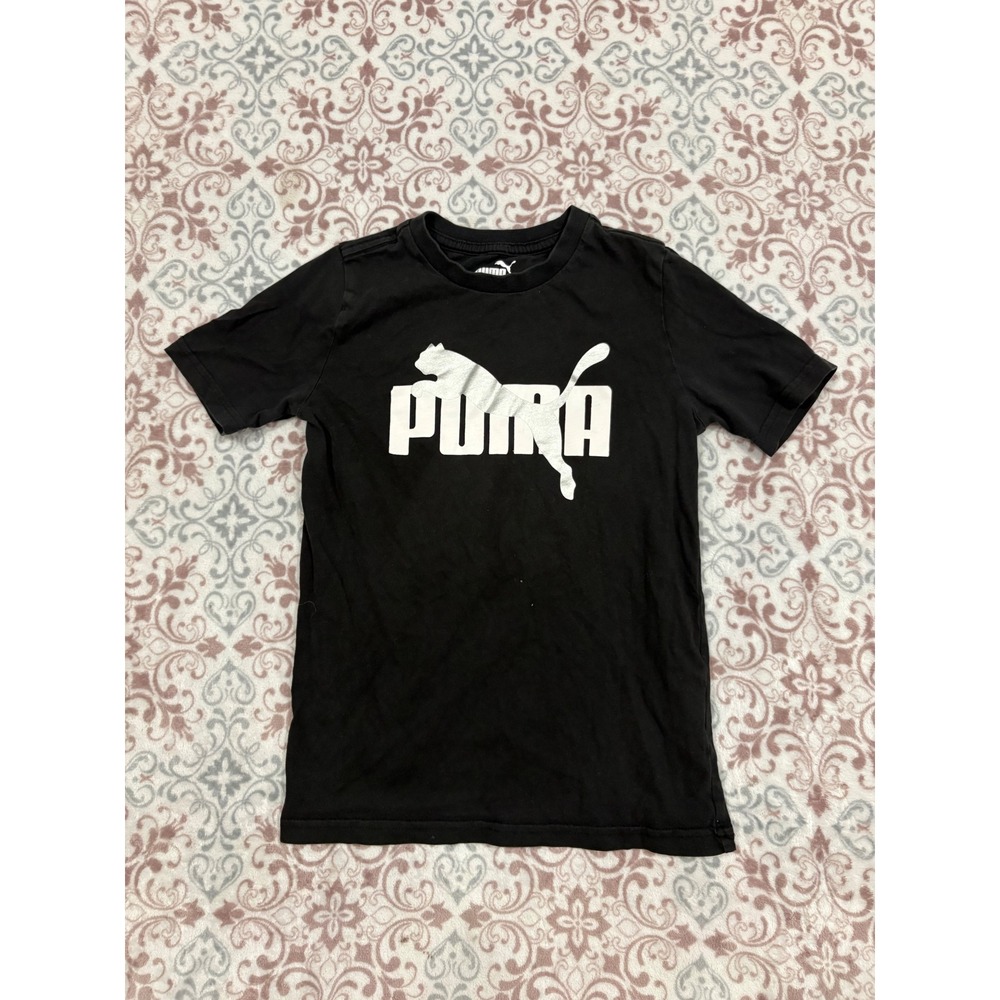 Puma Boys Black Graphic T-Shirt Silver Logo Short Sleeve Size S 8